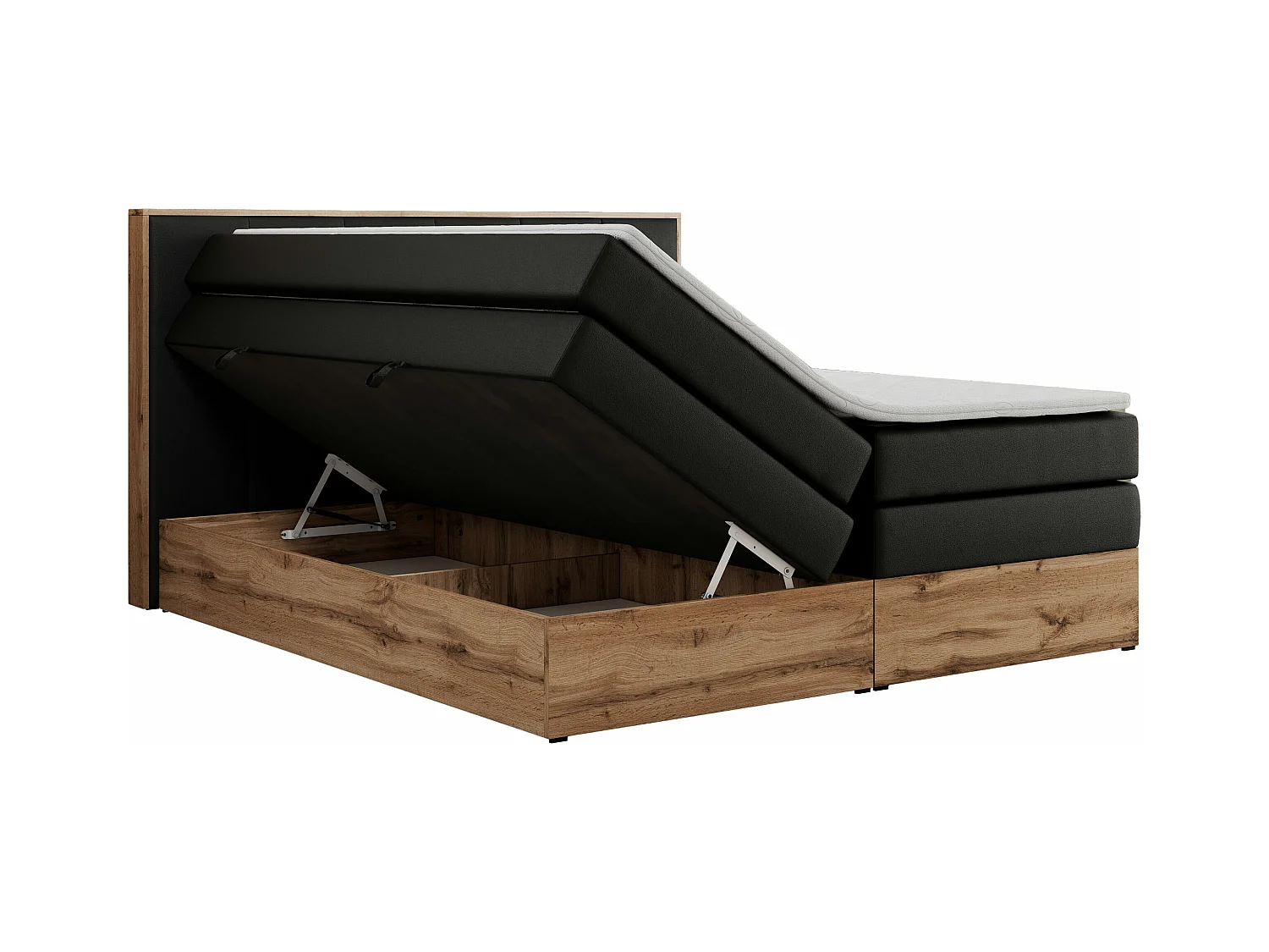 Boxspringbett ALBERO 1 KING - zwei 7 Härtezonen Multipocket-Matratzen, Doppelbett mit Stauraum, Eiche Wotan Holzrahmen - 180x200 cm - H4 - Schwarz Kunstleder