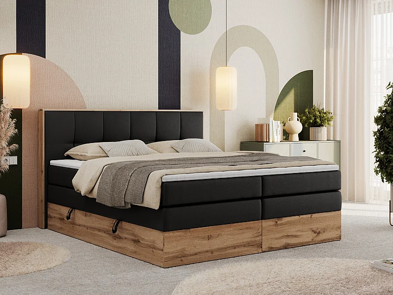 Boxspringbett ALBERO 1 KING - zwei 7 Härtezonen Multipocket-Matratzen, Doppelbett mit Stauraum, Eiche Wotan Holzrahmen - 180x200 cm - H4 - Schwarz Kunstleder