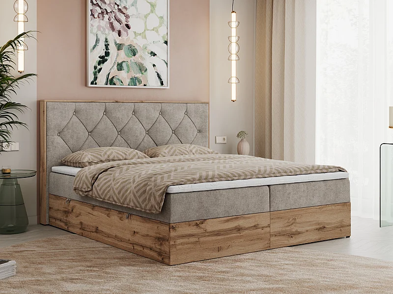 Boxspringbett VENETO - gestepptem Kopfteil, Set mit Multipocket-Matratze und Topper, Holzrahmen, zwei Bettkästen - 200x200 cm - H4 - Beige Strukture