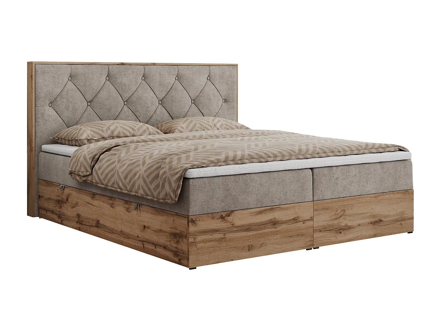 Boxspringbett VENETO - gestepptem Kopfteil, Set mit Multipocket-Matratze und Topper, Holzrahmen, zwei Bettkästen - 200x200 cm - H4 - Beige Strukture