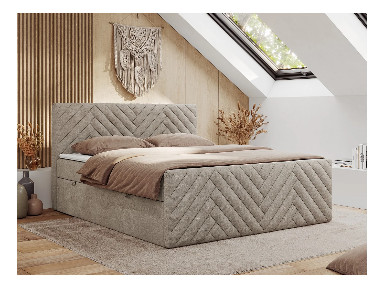 Boxspringbett PARIS DUO - Polsterbett mit genähtem Kopfteil und Frontplatte, Doppelbett, zwei Bettkästen - 180x200 cm - H4 - Beige Strukture