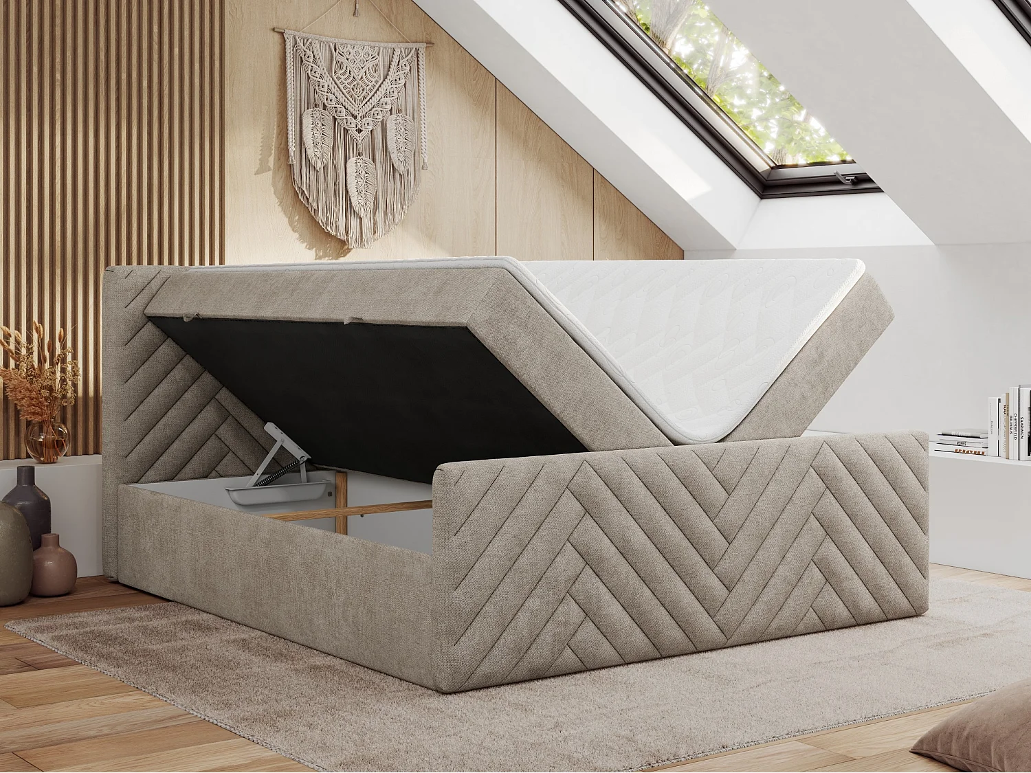 Boxspringbett PARIS DUO - Polsterbett mit genähtem Kopfteil und Frontplatte, Doppelbett, zwei Bettkästen - 180x200 cm - H4 - Beige Strukture