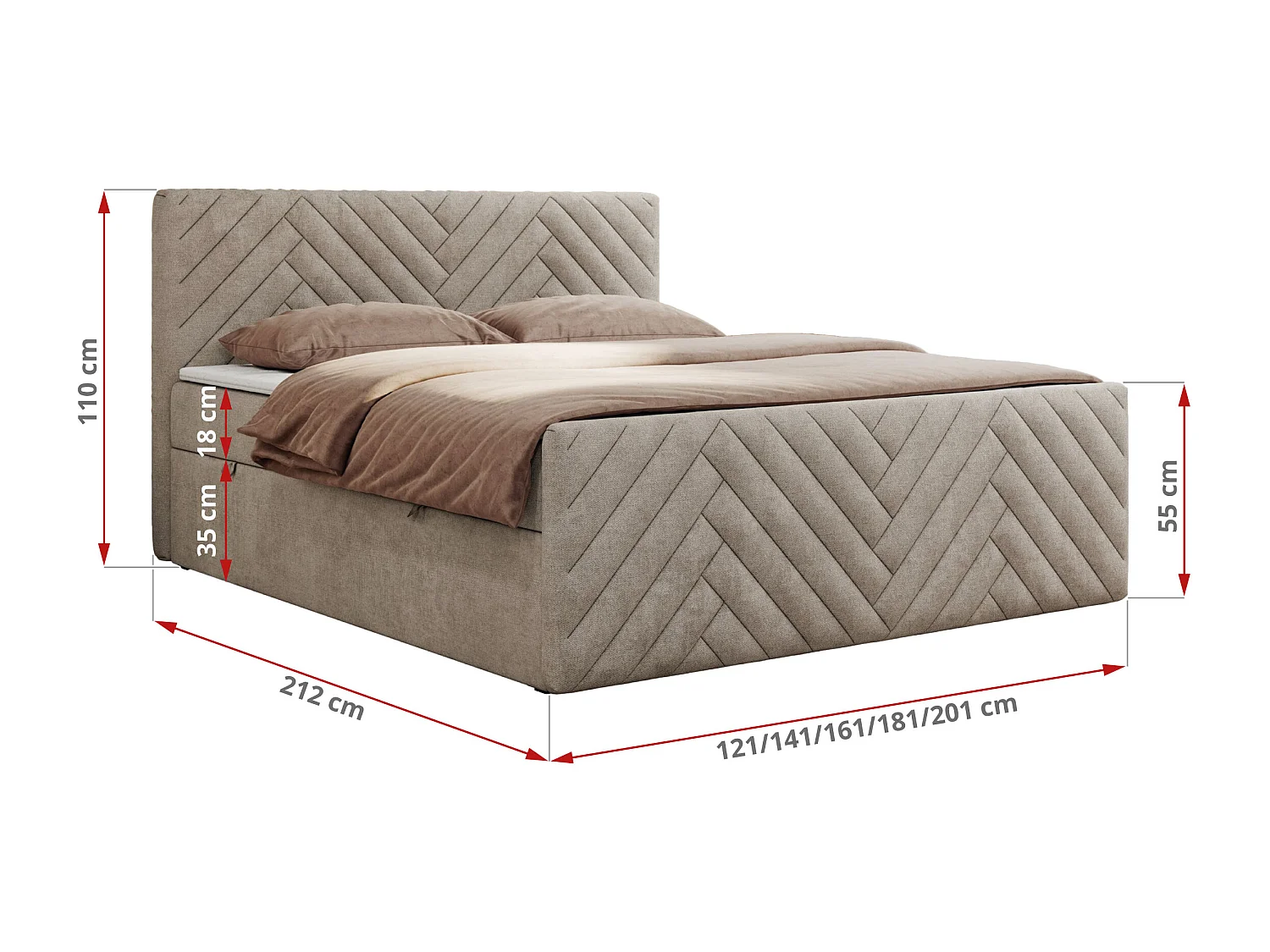 Boxspringbett PARIS DUO - Polsterbett mit genähtem Kopfteil und Frontplatte, Doppelbett, zwei Bettkästen - 180x200 cm - H4 - Beige Strukture