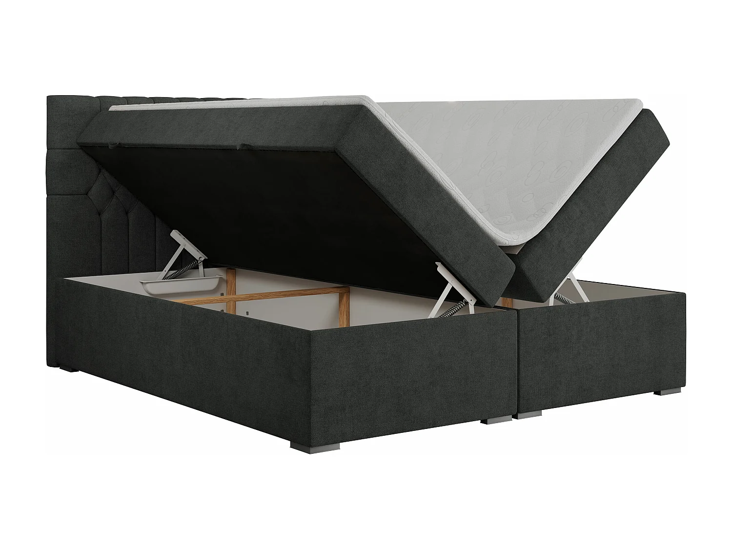 Boxspringbett PERA - gesteppte Kopfstütze, Multipocket-Matratze und Topper, Doppelbett mit Stauraum - 200x200 cm - H4 - Dunkelgrau Strukture