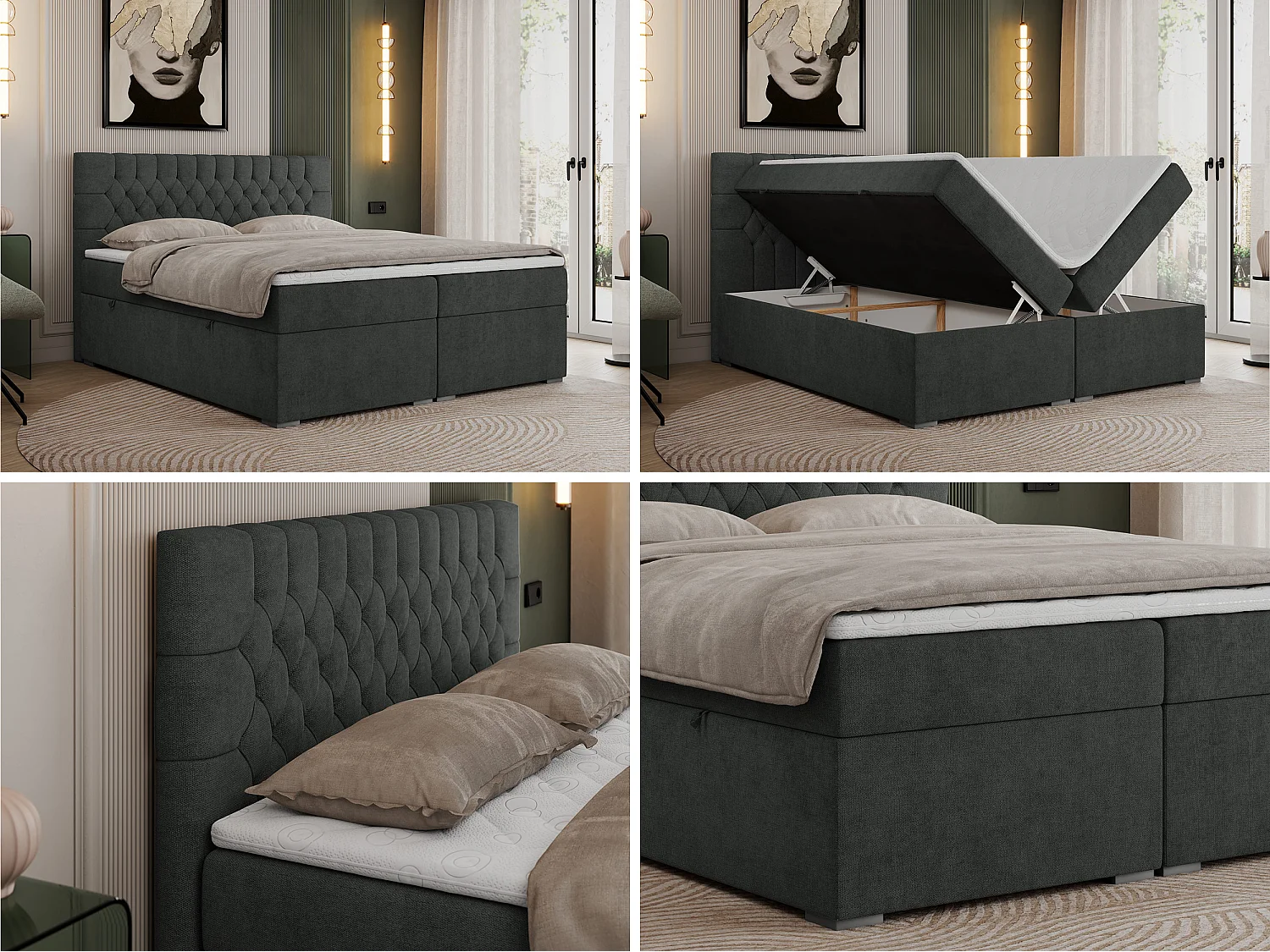 Boxspringbed met hoofdbord H4 + Topper T25 - Donkergrijs Structuurstof - 200x200 - PERA