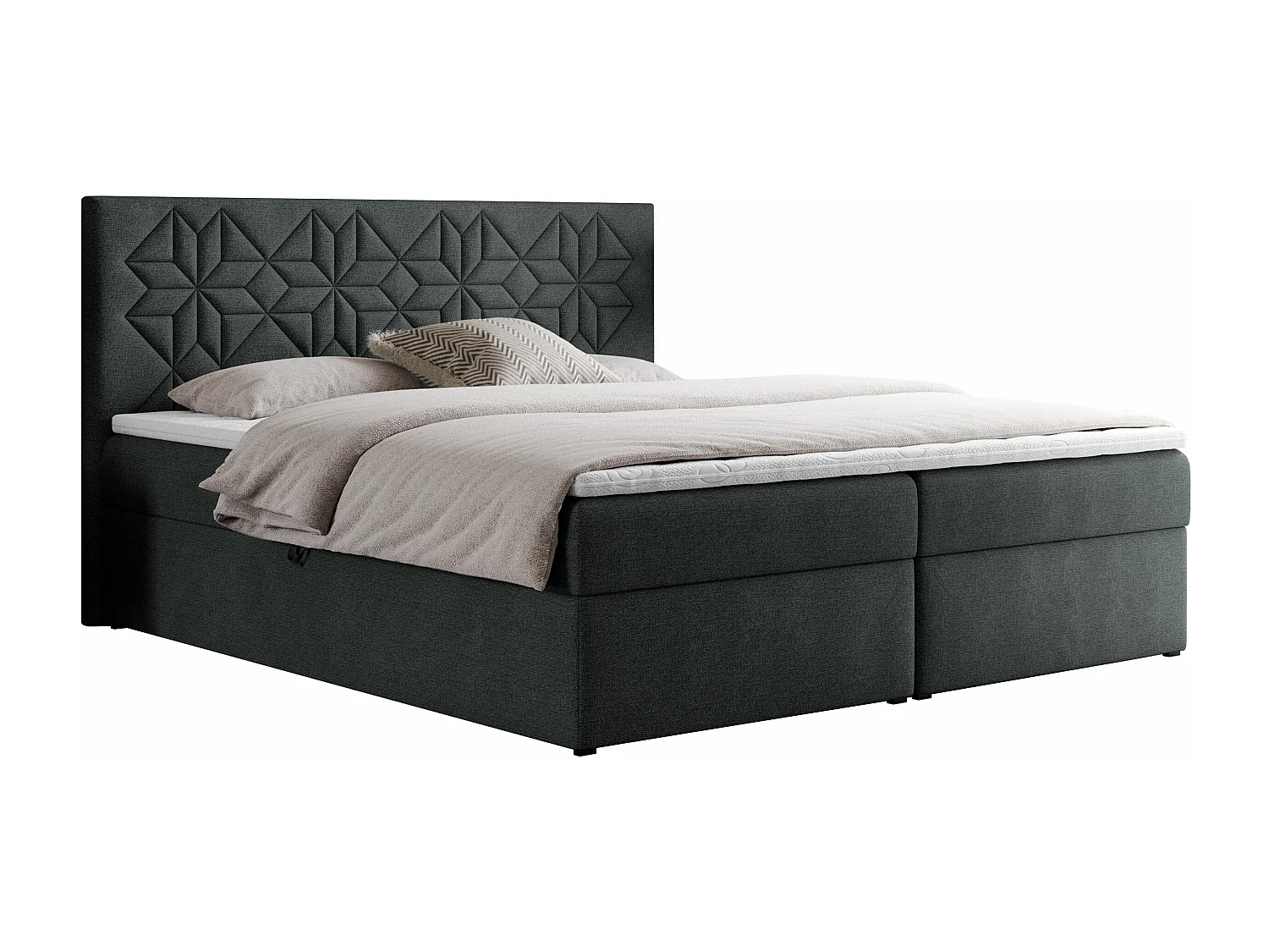 Boxspringbett LEILA - gestepptes Kopfteil,  7 Härtezonen Multipocket-Matratzen, Doppelbett mit Bettkästen - 200x200 cm - H4 - Dunkelgrau Strukture