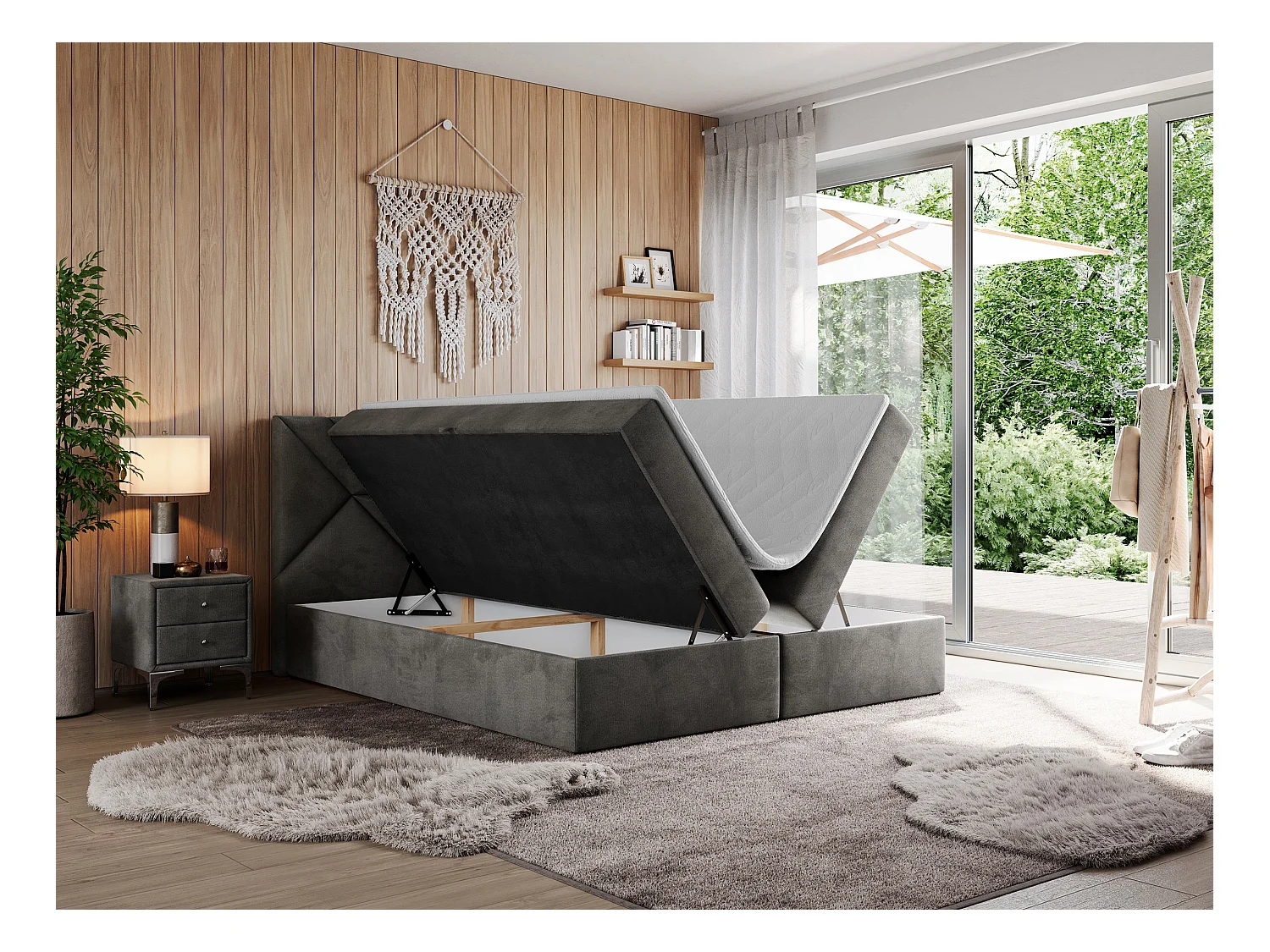 Boxspringbett NEOMI - dekorativem Kopfteil, Polsterbett mit Multipocket-Matratzen, zwei Bettkästen - 140x200 cm - H4 - Hellgrau Strukture