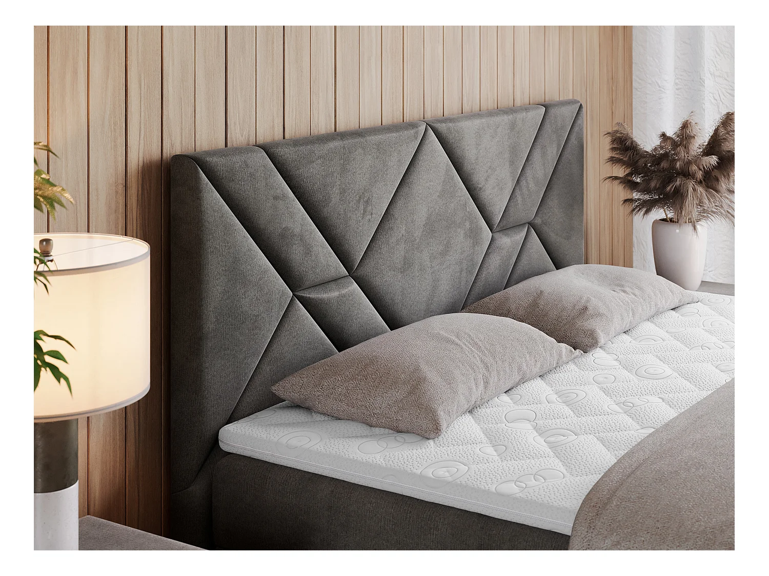 Boxspringbett NEOMI - dekorativem Kopfteil, Polsterbett mit Multipocket-Matratzen, zwei Bettkästen - 140x200 cm - H4 - Hellgrau Strukture