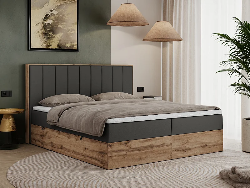 Boxspringbett BELLISSIMO - mit gestepptem Kopfteil, Polsterbett mit zwei Bettkästen, Multipocket-Matratze - 140x200 cm - H4 - Dunkelgrau Kunstleder
