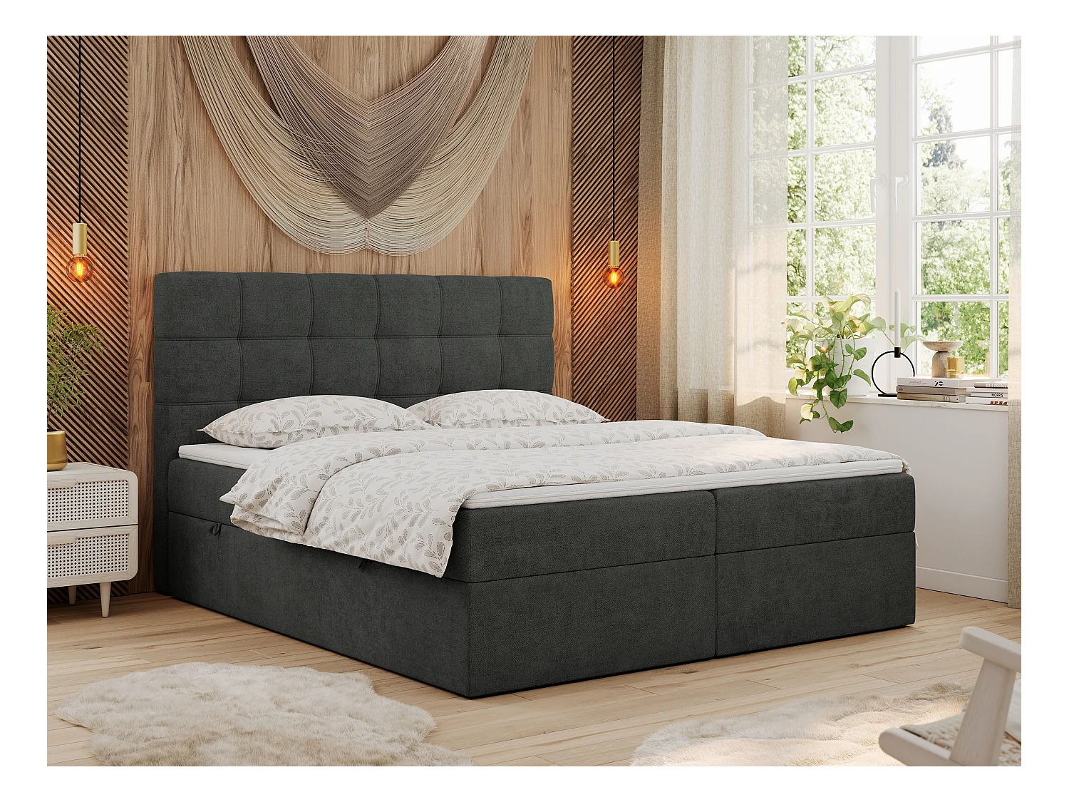 Boxspringbett ERNI - mit gestepptem Kopfteil, Polsterbett, Multipocket-Matratze und Topper, Bettkästen - 160x200 cm - H4 - Dunkelgrau Stukture
