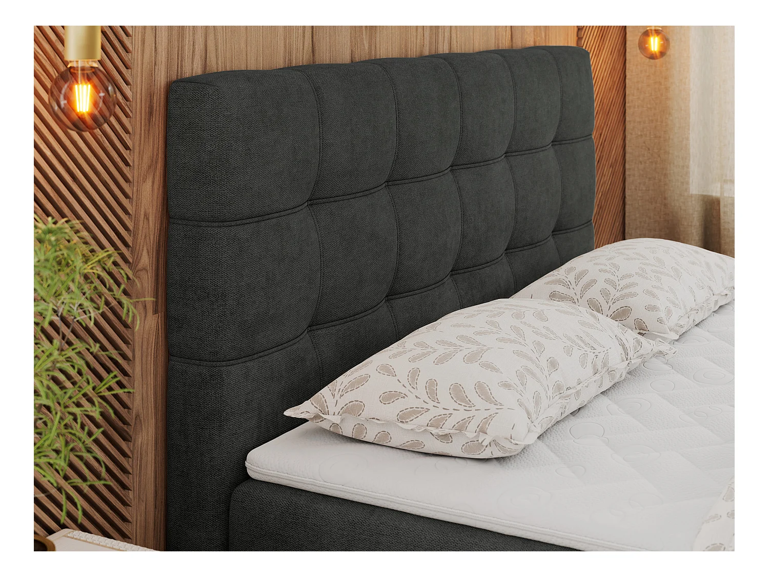 Boxspringbett ERNI - mit gestepptem Kopfteil, Polsterbett, Multipocket-Matratze und Topper, Bettkästen - 160x200 cm - H4 - Dunkelgrau Stukture