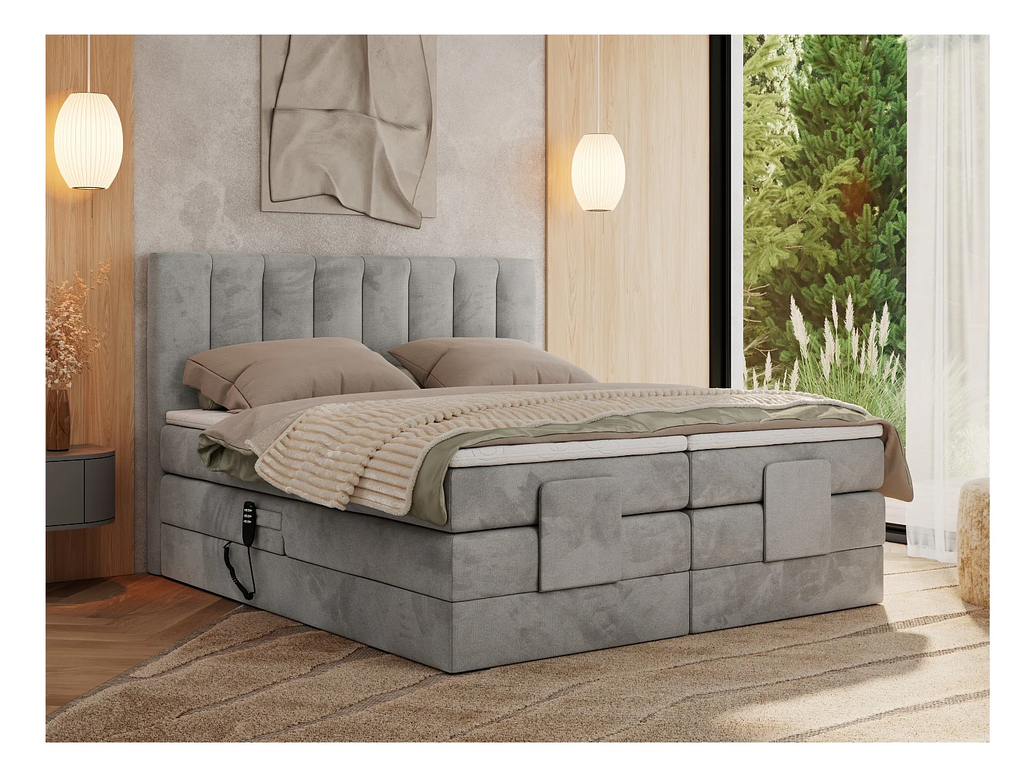Boxspringbett COMFORTO - Doppelbett, Elektrisch verstellbare, Multipocket-Matratzen und Topper, genähtes Kopfteil - 140x200 cm - H4 - Hellgrau Velvet