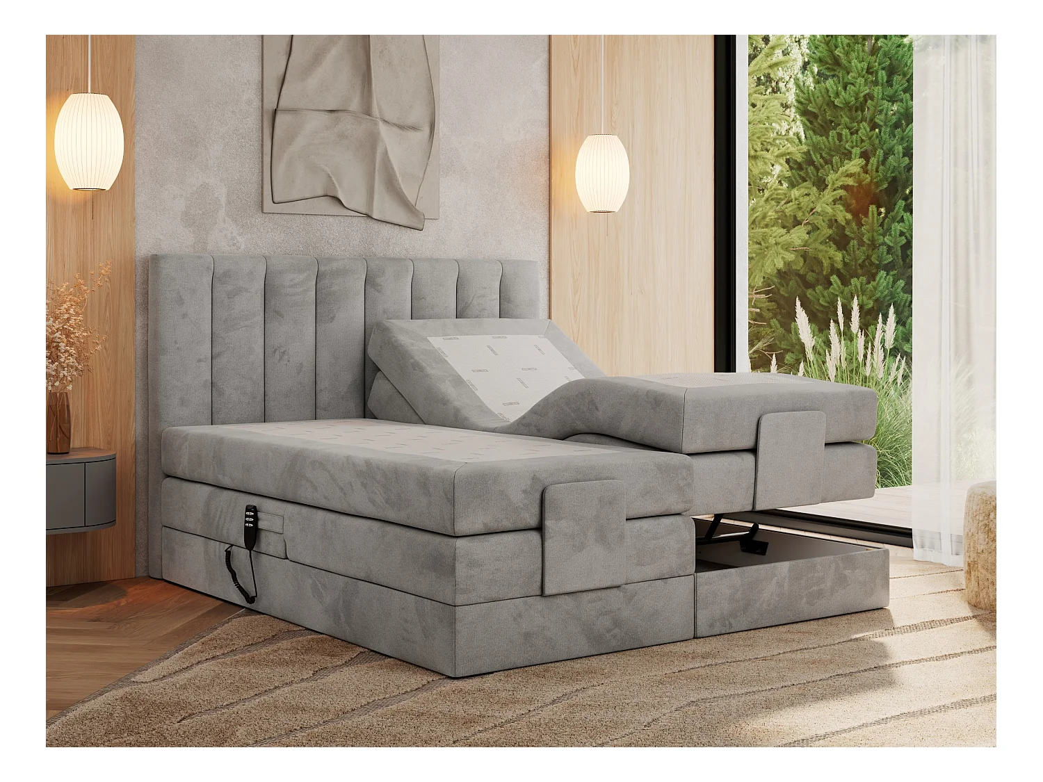 Boxspringbett COMFORTO - Doppelbett, Elektrisch verstellbare, Multipocket-Matratzen und Topper, genähtes Kopfteil - 140x200 cm - H4 - Hellgrau Velvet