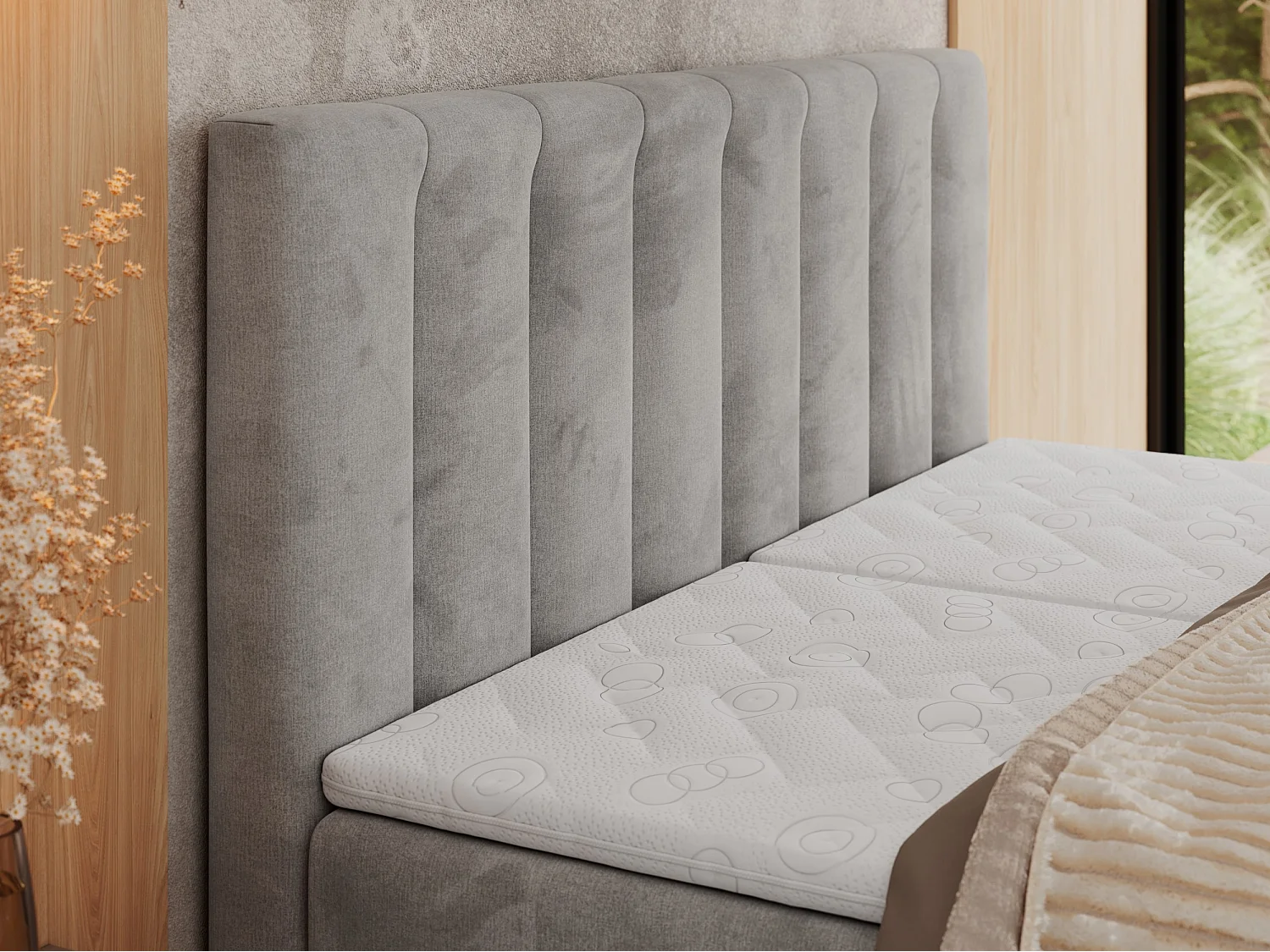 Boxspringbett COMFORTO - Doppelbett, Elektrisch verstellbare, Multipocket-Matratzen und Topper, genähtes Kopfteil - 140x200 cm - H4 - Hellgrau Velvet