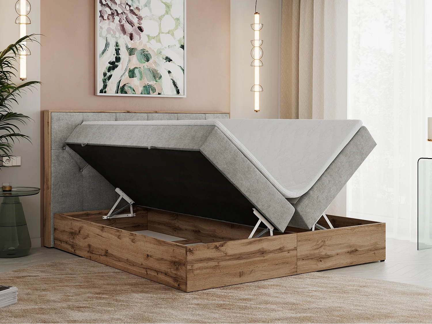 Boxspringbett VENETO - gestepptem Kopfteil, Set mit Multipocket-Matratze und Topper, Holzrahmen, zwei Bettkästen - 160x200 cm - H3 - Hellgrau Strukture