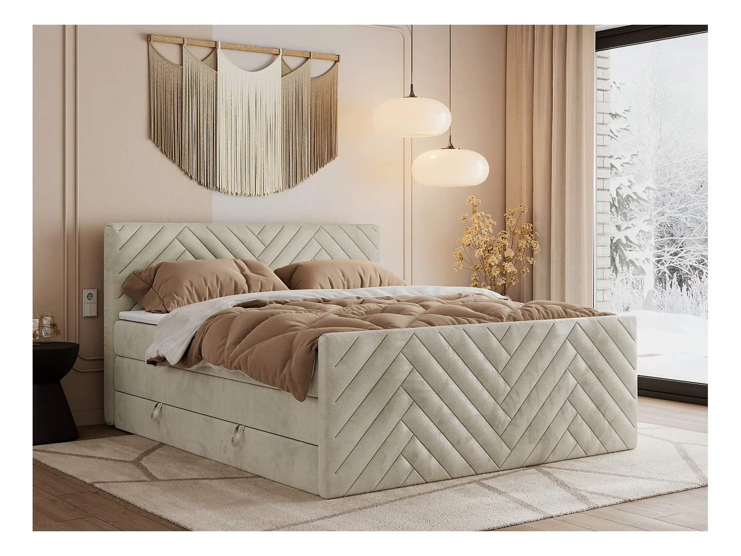 Boxspringbett PARIS KING DUO - dekorative Kopfstütze und Front, zwei Multipocket-Matratze mit Topper - 160x200 cm - H3 - Beige Velvet