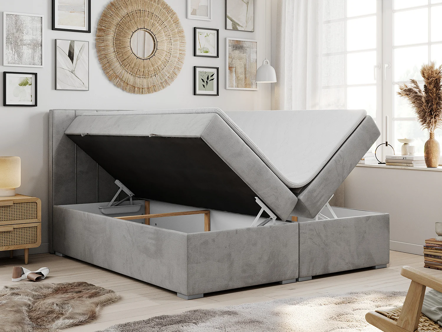 Boxspringbett ALLY - gestreiftes, genähtes Kopfteil, zwei Bettkästen, Multipocket-Matratzen, Praktisch Polsterbett - 140x200 cm - H3 - Hellgrau Velvet