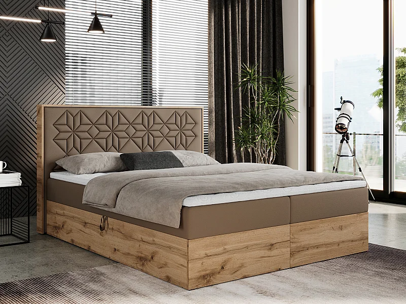 Boxspringbett NESSI - mit hoher Kopfstütze, Multipocket-Matratze und Topper, Doppelbett mit Bettkästen - 120x200 cm - H3 - Braun Kunstleder