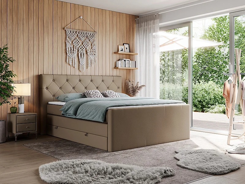 Boxspringbett VELEN KING - Doppelbett mit gestepptem Kopfteil, zwei Multipocket-Matratzen, Polsterbett mit Kopfstütze - 200x200 cm - H4 - Braun Kunstleder