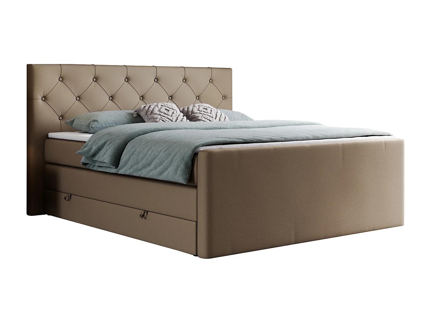Boxspringbett VELEN KING - Doppelbett mit gestepptem Kopfteil, zwei Multipocket-Matratzen, Polsterbett mit Kopfstütze - 200x200 cm - H4 - Braun Kunstleder
