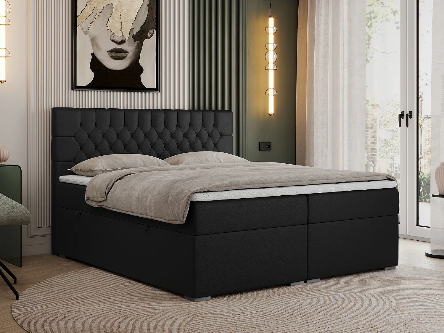 Boxspringbett PERA - gesteppte Kopfstütze, Multipocket-Matratze und Topper, Doppelbett mit Stauraum - 120x200 cm - H4 - Schwarz Kunstleder