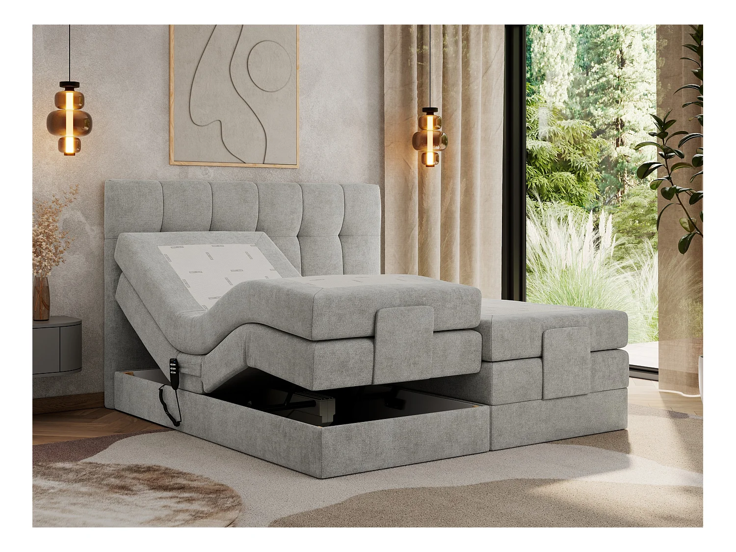 Boxspringbett VITTORIA - mit gestepptem Kopfteil, elektrischem Untergestell, Multipocket-Matratze - 140x200 cm - H4 - Hellgrau Strukture