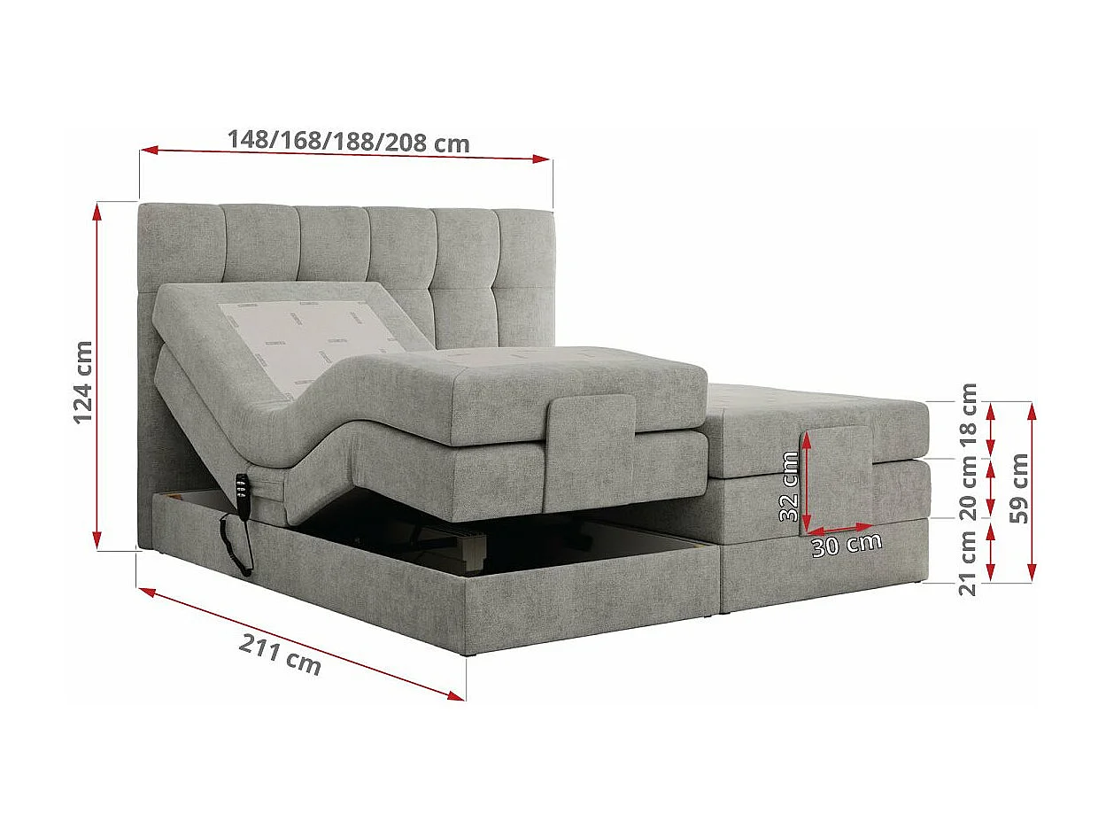 Boxspringbett VITTORIA - mit gestepptem Kopfteil, elektrischem Untergestell, Multipocket-Matratze - 140x200 cm - H4 - Hellgrau Strukture