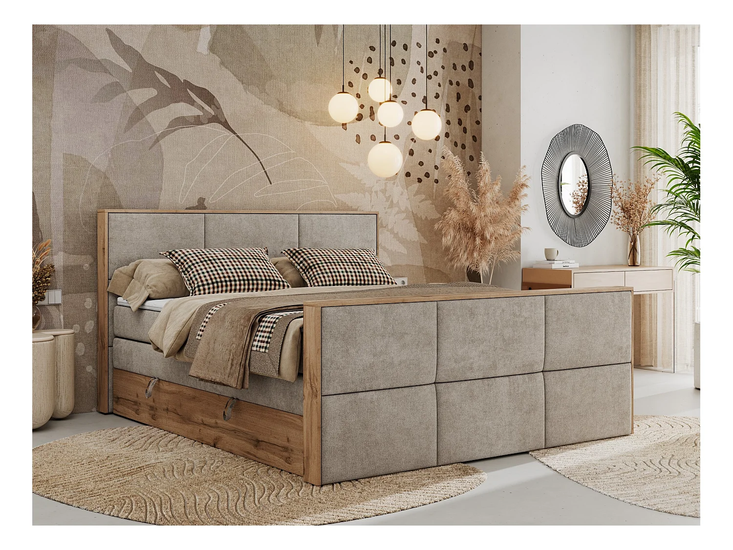 Boxspringbett ALBERO 2 KING DUO - Eiche Wotan Holzrahmen, zwei Multipocket-Matratzen, Bettkästen - 180x200 cm - H4 - Beige Strukture