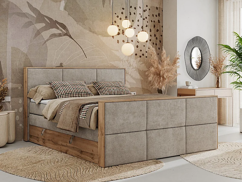 Boxspringbett ALBERO 2 KING DUO - Eiche Wotan Holzrahmen, zwei Multipocket-Matratzen, Bettkästen - 180x200 cm - H4 - Beige Strukture