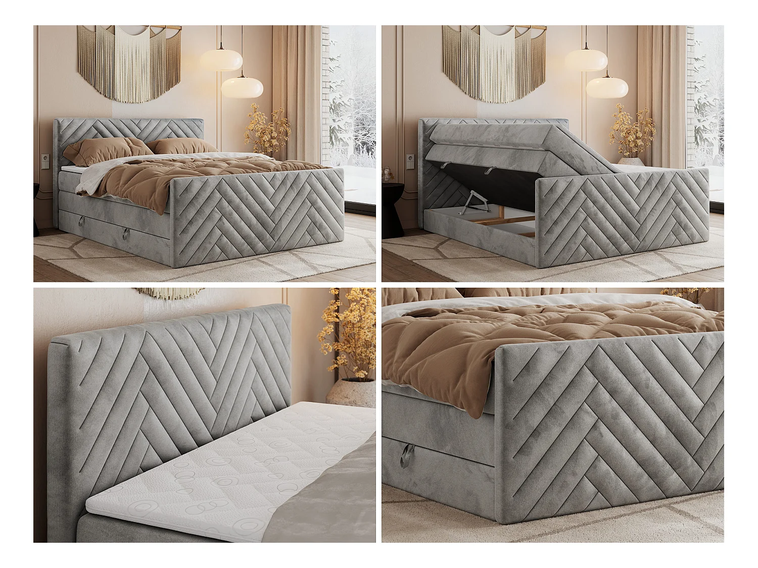 Boxspringbett PARIS KING DUO - dekorative Kopfstütze und Front, zwei Multipocket-Matratze mit Topper - 200x200 cm - H3 - Hellgrau Velvet