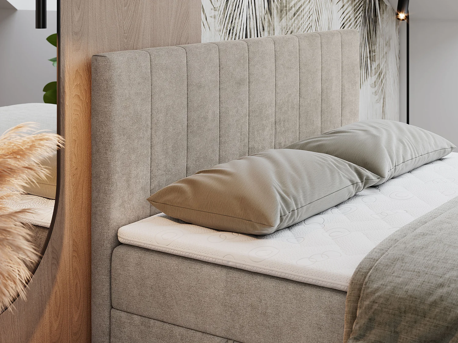 Boxspringbett LOPE - genähtes Kopfteil, Doppelbett mit Stauraum, Multipocket-Matratze, Topper - 160x200 cm - H3 - Beige Strukture