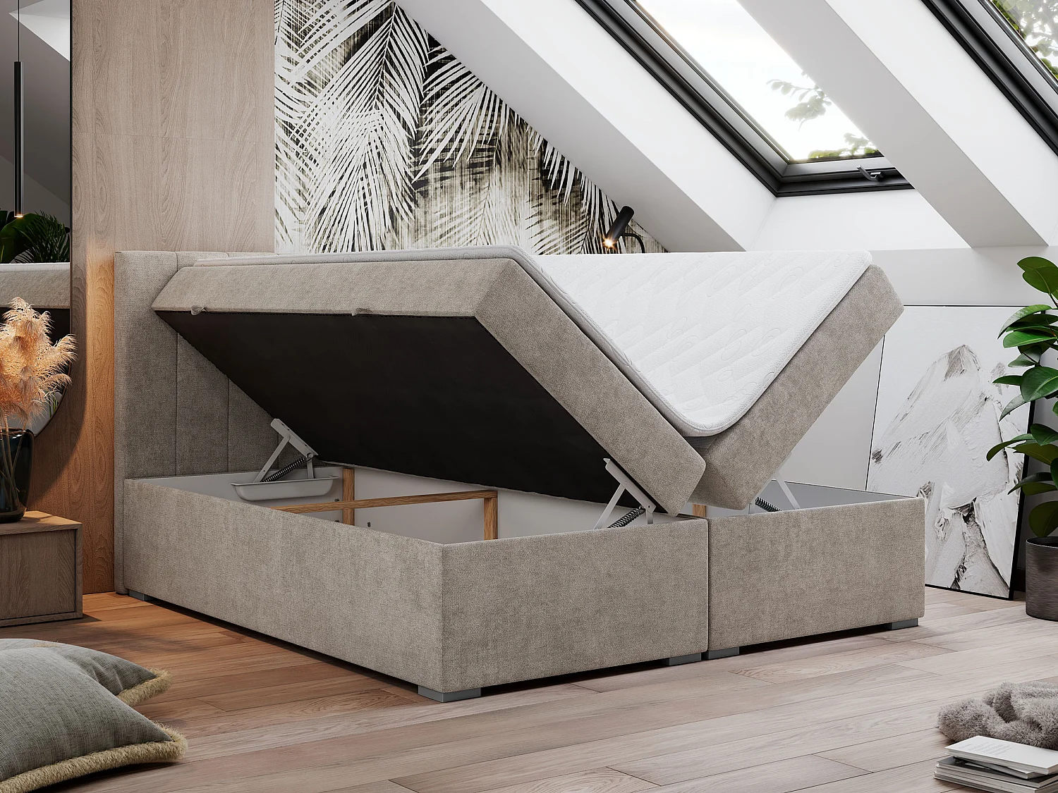 Boxspringbett LOPE - genähtes Kopfteil, Doppelbett mit Stauraum, Multipocket-Matratze, Topper - 160x200 cm - H3 - Beige Strukture