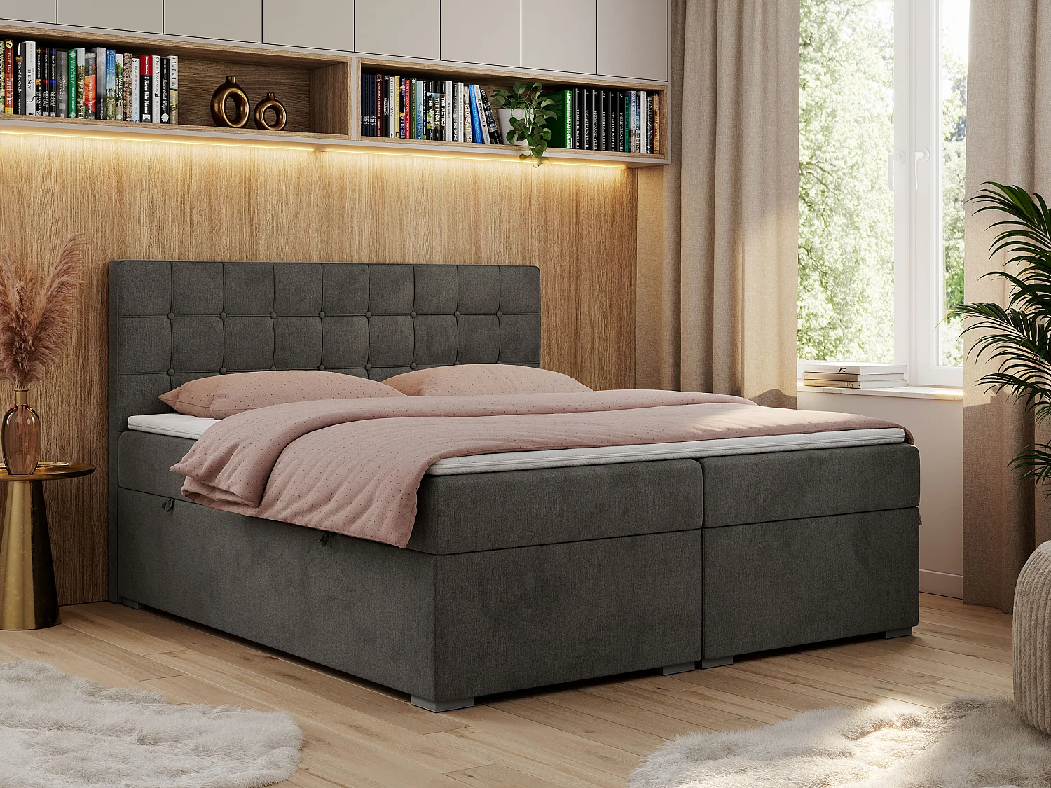 Boxspringbett CARMEN - Polsterbett mit zwei Bettkästen, gesteppte Kopfstütze, Multipocket-Matratze - 180x200 cm - H4 - Dunkelgrau Velvet