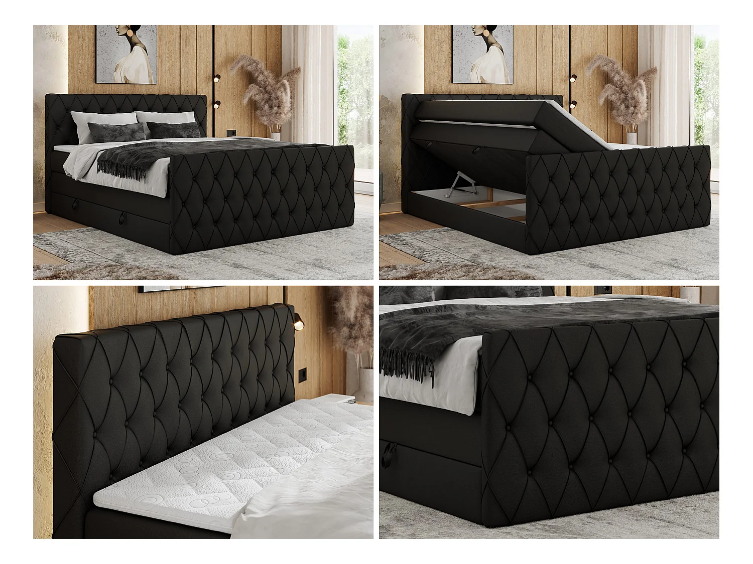 Boxspringbett MIREN KING DUO - für Schlafzimmer mit zwei Multipocket-Matratzen und Topper, gestepptes Kopfteil und Front  - 160x200 cm - H4 - Schwarz Kunstleder
