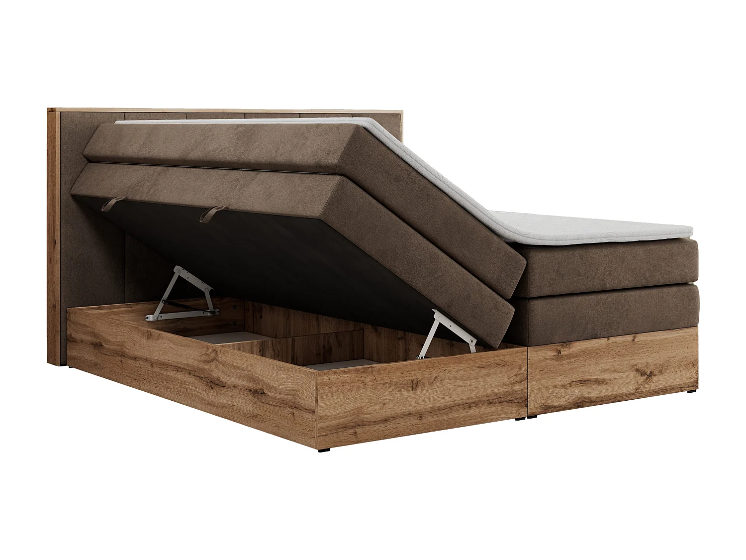 Boxspringbett ALBERO 1 KING - zwei 7 Härtezonen Multipocket-Matratzen, Doppelbett mit Stauraum, Eiche Wotan Holzrahmen - 120x200 cm - H3 - Braun Velvet