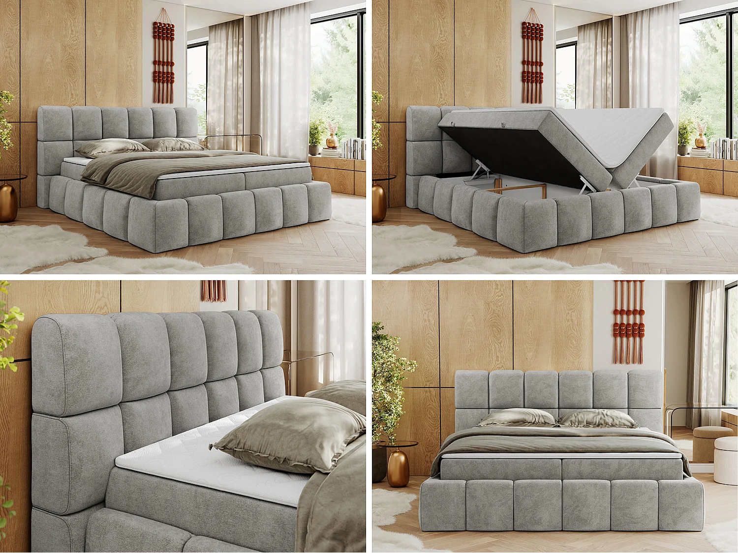 Lit boxspring - Dureté H3 + Topper T25 - Gris clair Tissu texturé - 120x200 - NIRA