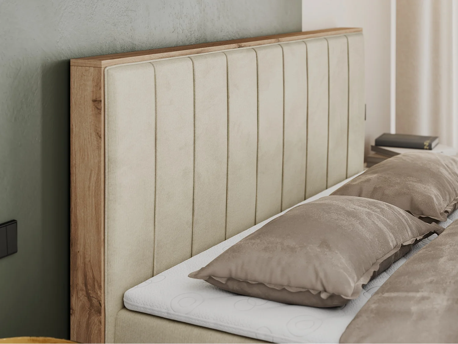 Boxspringbett BELLISSIMO - mit gestepptem Kopfteil, Polsterbett mit zwei Bettkästen, Multipocket-Matratze - 180x200 cm - H4 - Beige Velvet