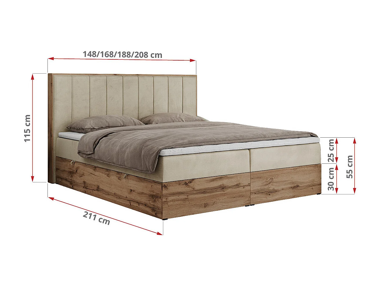 Boxspringbett BELLISSIMO - mit gestepptem Kopfteil, Polsterbett mit zwei Bettkästen, Multipocket-Matratze - 180x200 cm - H4 - Beige Velvet