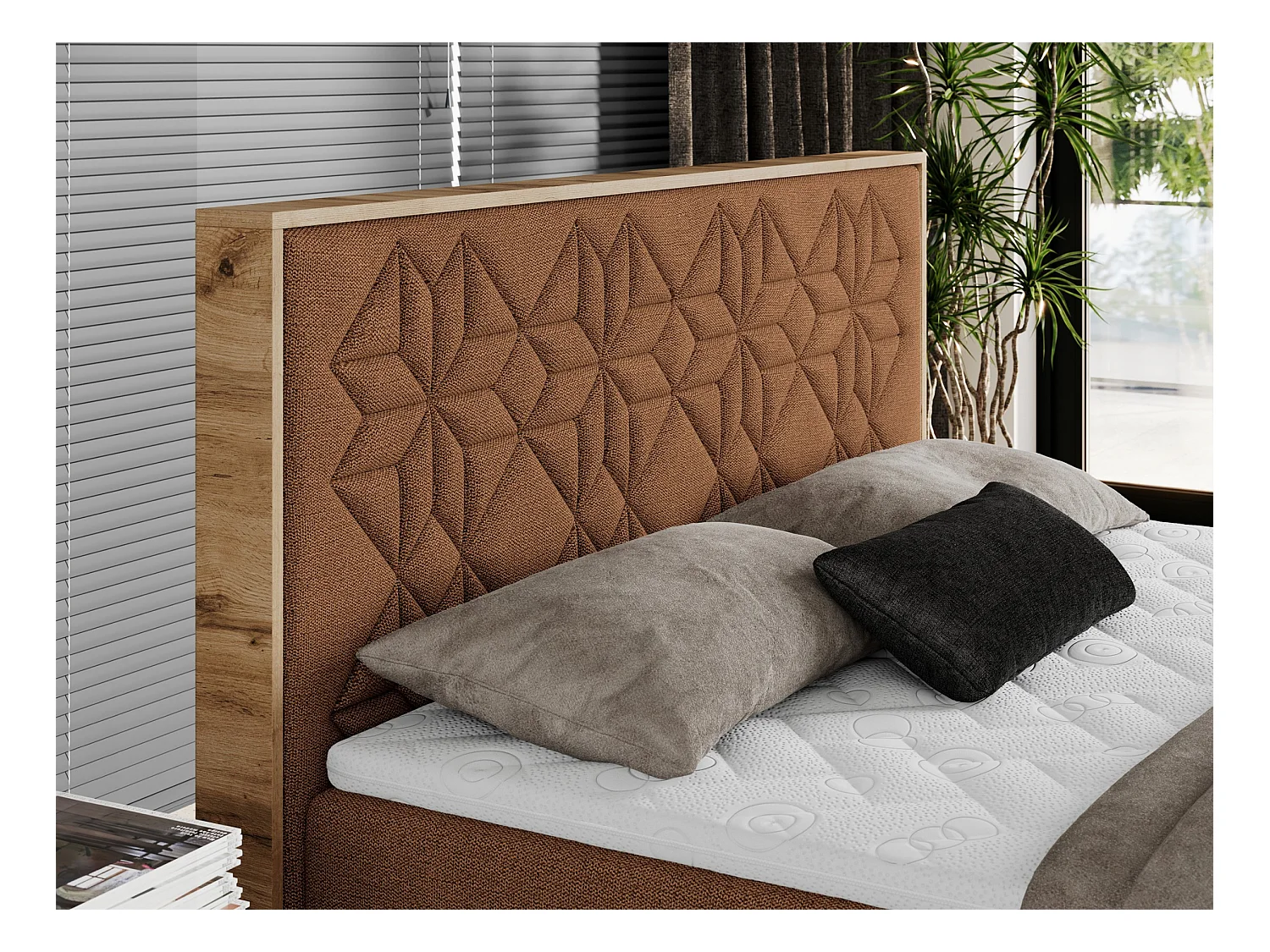 Boxspringbett NESSI - mit hoher Kopfstütze, Multipocket-Matratze und Topper, Doppelbett mit Bettkästen - 160x200 cm - H4 - Orange Strukture