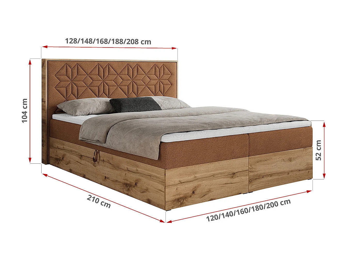 Boxspringbett NESSI - mit hoher Kopfstütze, Multipocket-Matratze und Topper, Doppelbett mit Bettkästen - 160x200 cm - H4 - Orange Strukture