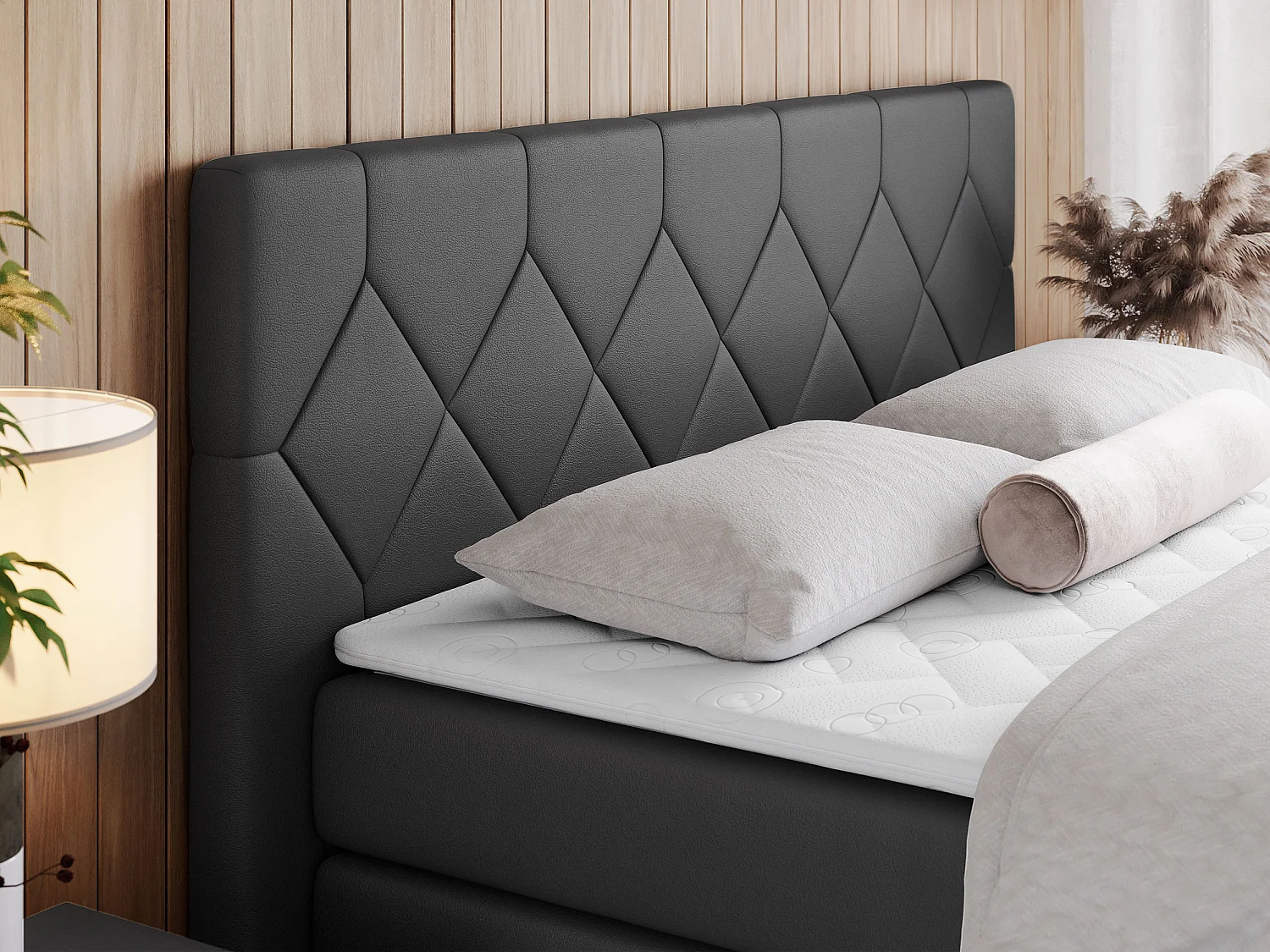 Boxspringbett EIGAR KING - Doppelbett mit genähtem Kopfteil, zwei Multipocket-Matratzen, Polsterbett für Schlafzimmer - 120x200 cm - H3 - Dunkelgrau Kunstleder