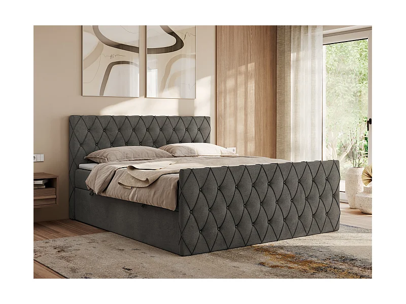 Boxspringbett MIREN DUO - mit gestepptem Kopfteil und Front, Multipocket-Matratze, zwei Bettkästen - 160x200 cm - H3 - Dunkelgrau Velvet