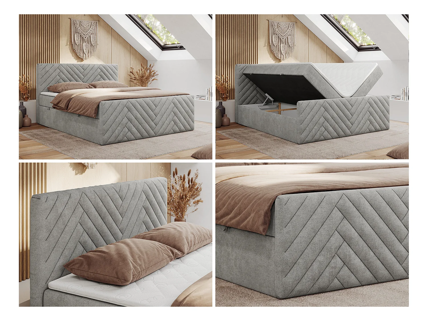 Boxspringbett PARIS DUO - Polsterbett mit genähtem Kopfteil und Frontplatte, Doppelbett, zwei Bettkästen - 120x200 cm - H3 - Hellgrau Strukture