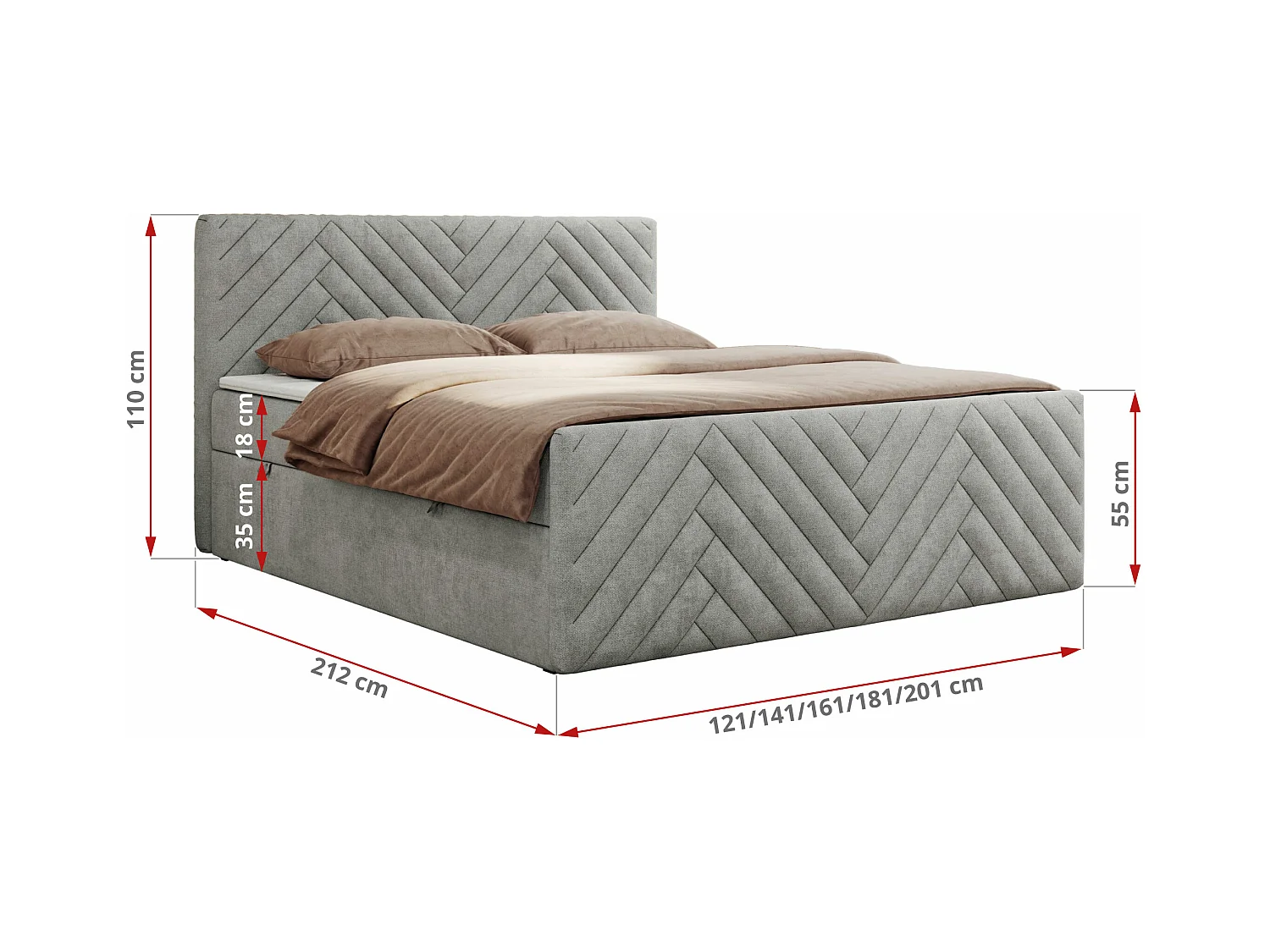 Boxspringbett PARIS DUO - Polsterbett mit genähtem Kopfteil und Frontplatte, Doppelbett, zwei Bettkästen - 120x200 cm - H3 - Hellgrau Strukture