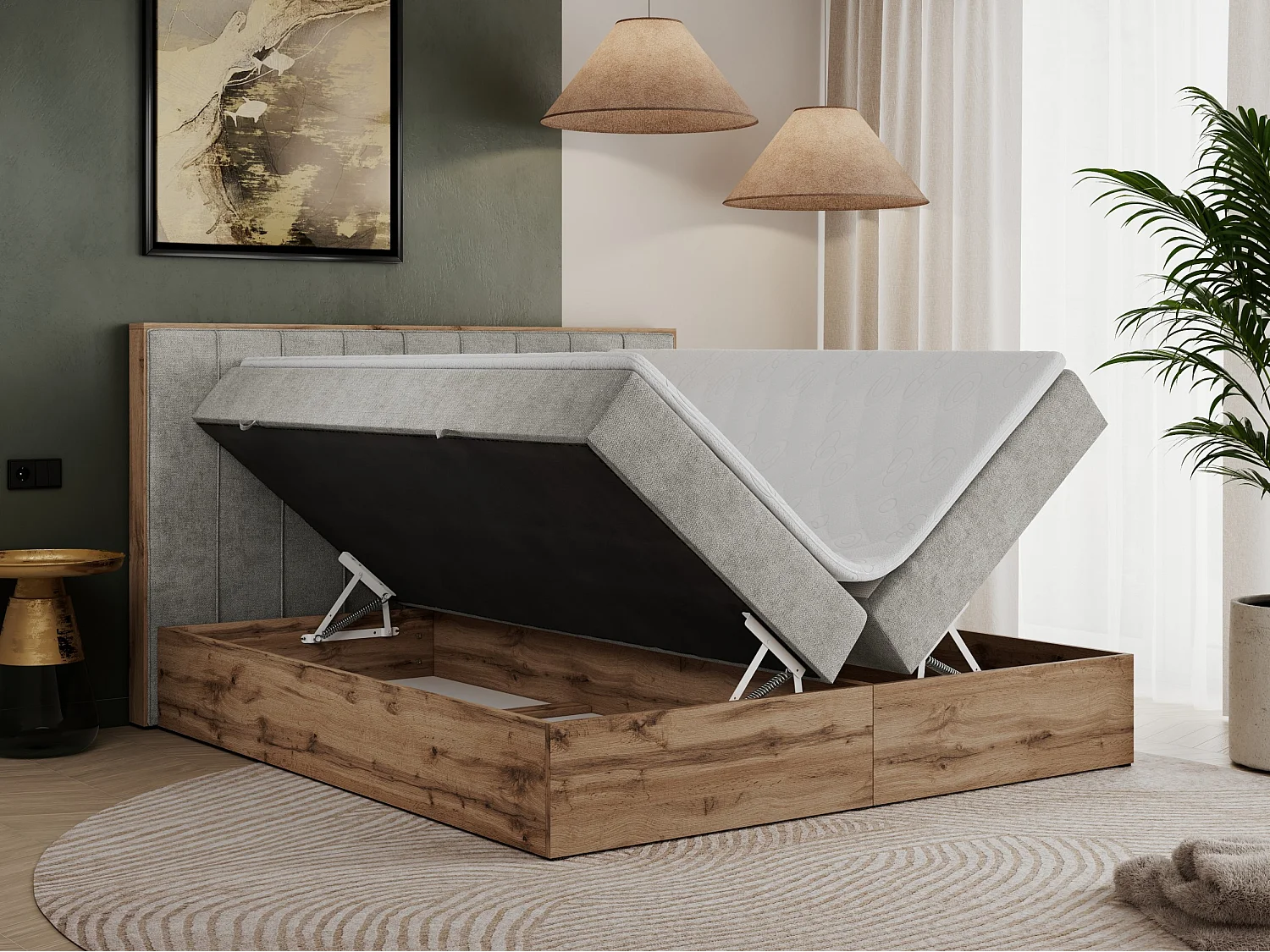 Boxspringbett BELLISSIMO - mit gestepptem Kopfteil, Polsterbett mit zwei Bettkästen, Multipocket-Matratze - 180x200 cm - H3 - Hellgrau Strukture