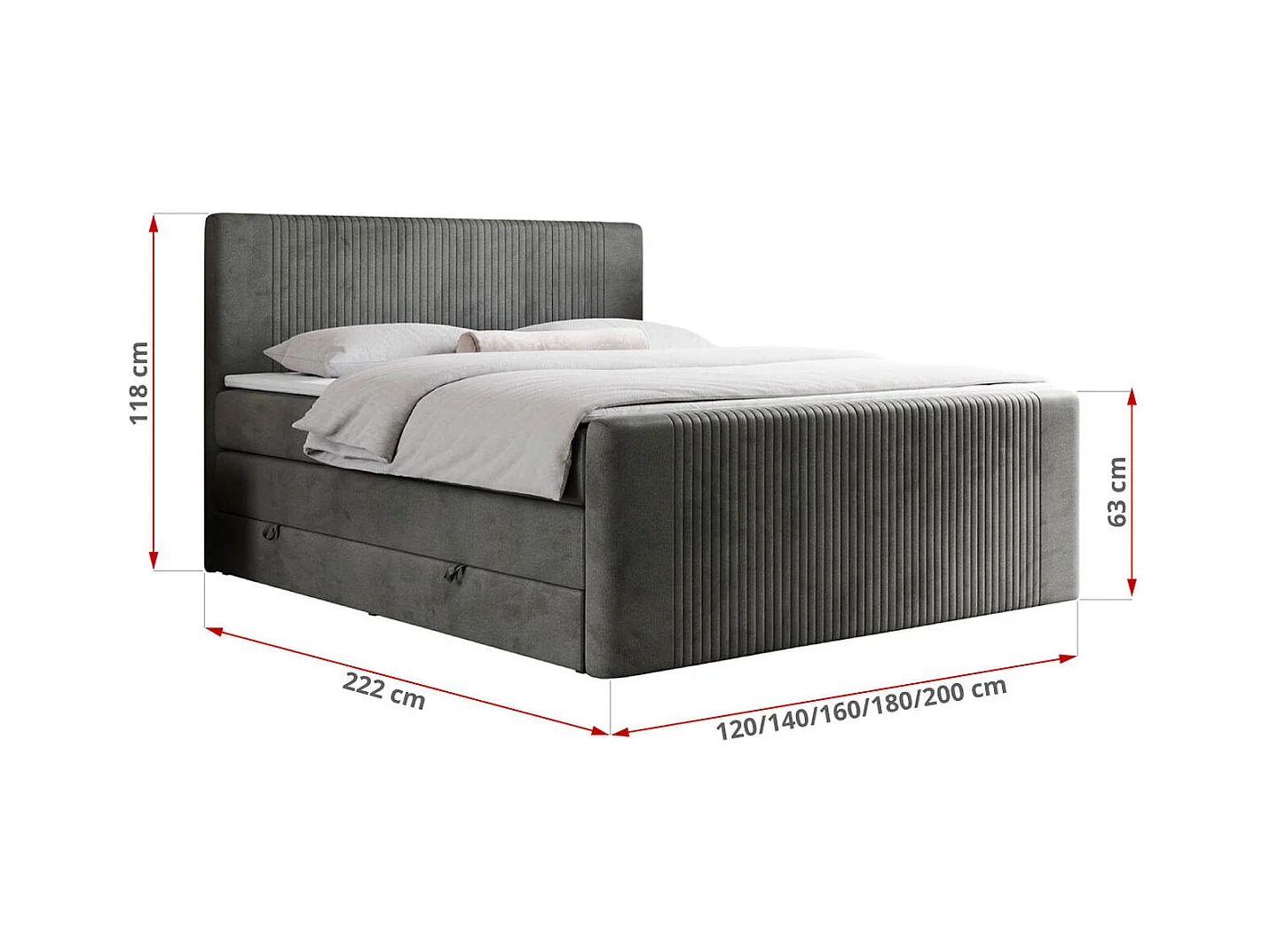 Boxspringbett DOREN KING - mit gesteppter Front und Kopfteil, zwei Multipocket-Matratzen und Topper, Doppelbett - 180x200 cm - H3 - Dunkelgrau Velvet