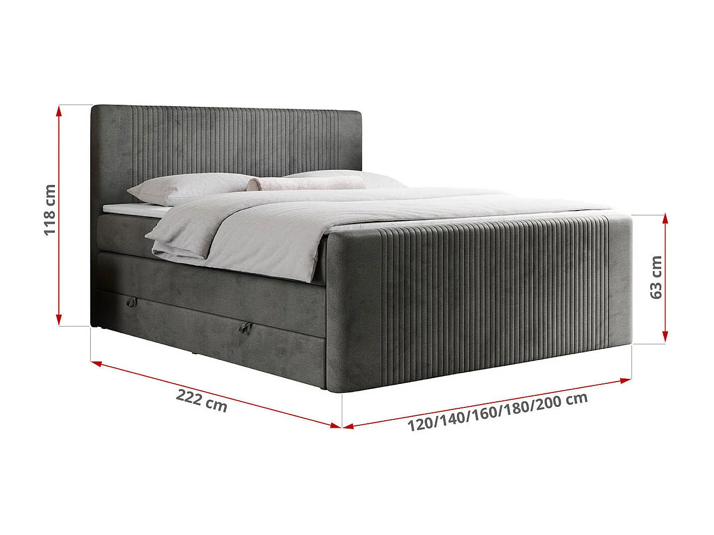 Boxspringbett DOREN KING - mit gesteppter Front und Kopfteil, zwei Multipocket-Matratzen und Topper, Doppelbett - 180x200 cm - H3 - Dunkelgrau Velvet
