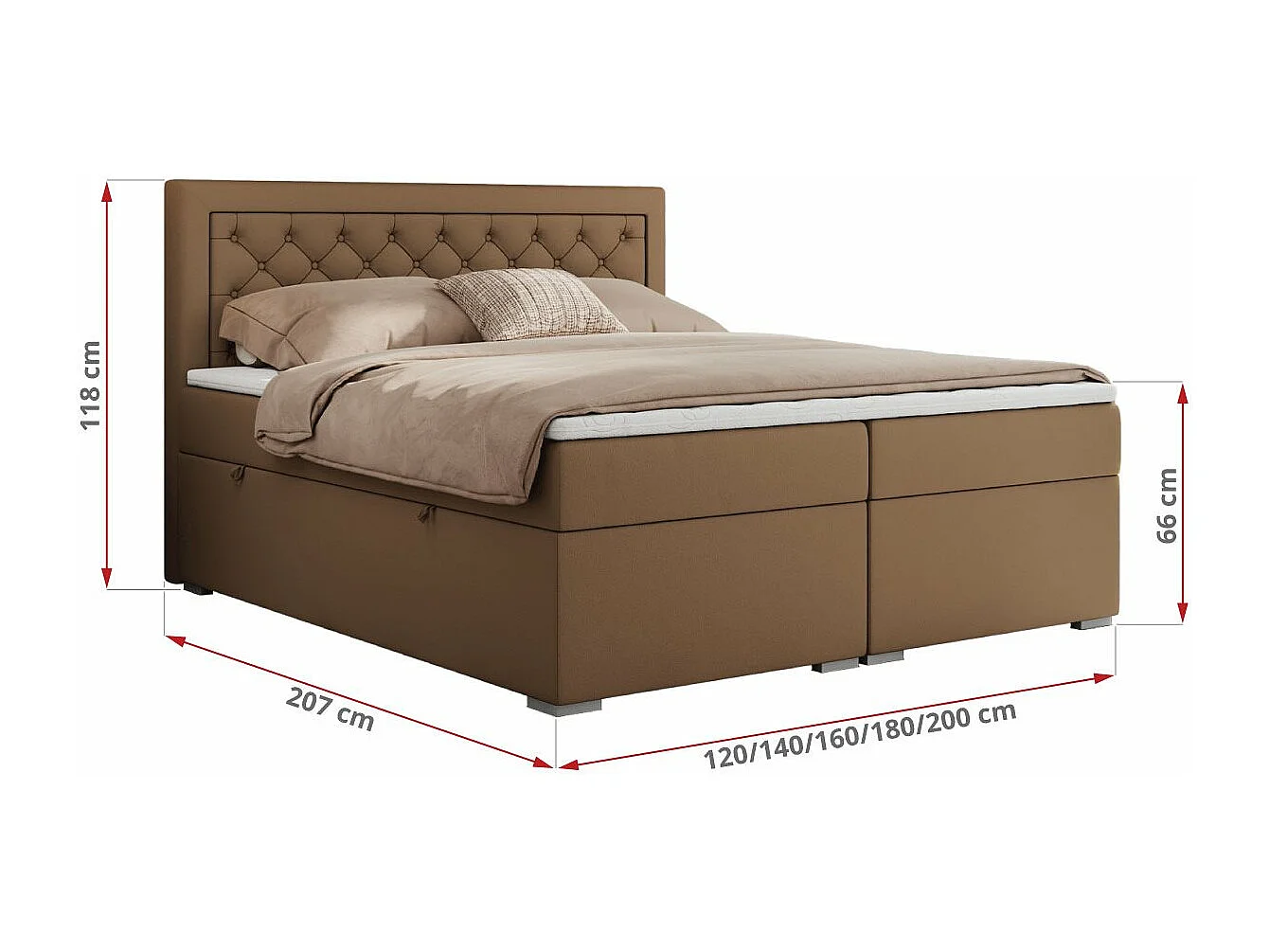 Boxspringbett JASIR - mit gestepptem Kopfteil, Doppelbett für Schlafzimmer, Multipocket-Matratze, Stauraum - 140x200 cm - H4 - Braun Kunstleder