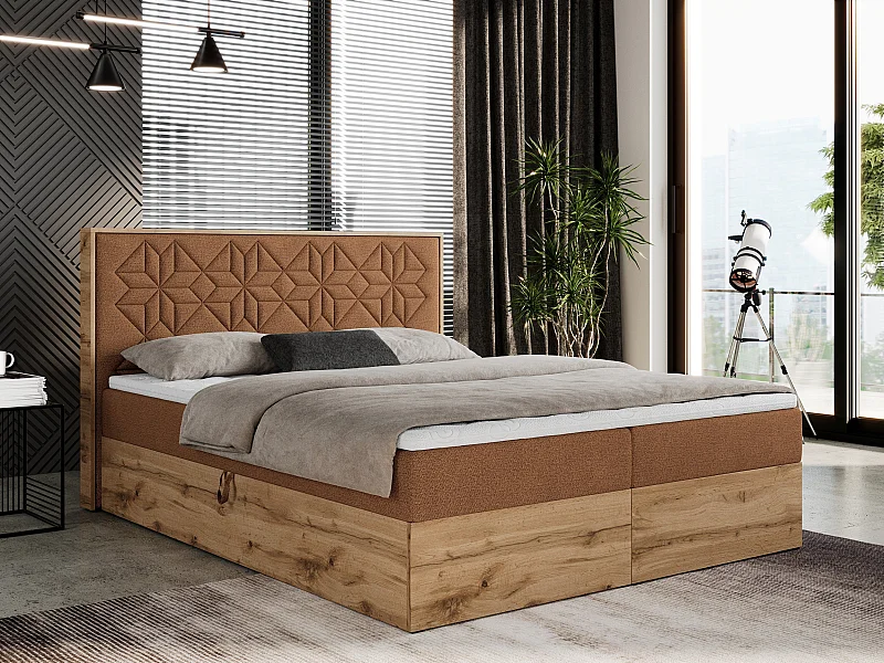 Boxspringbett NESSI - mit hoher Kopfstütze, Multipocket-Matratze und Topper, Doppelbett mit Bettkästen - 120x200 cm - H3 - Orange Strukture