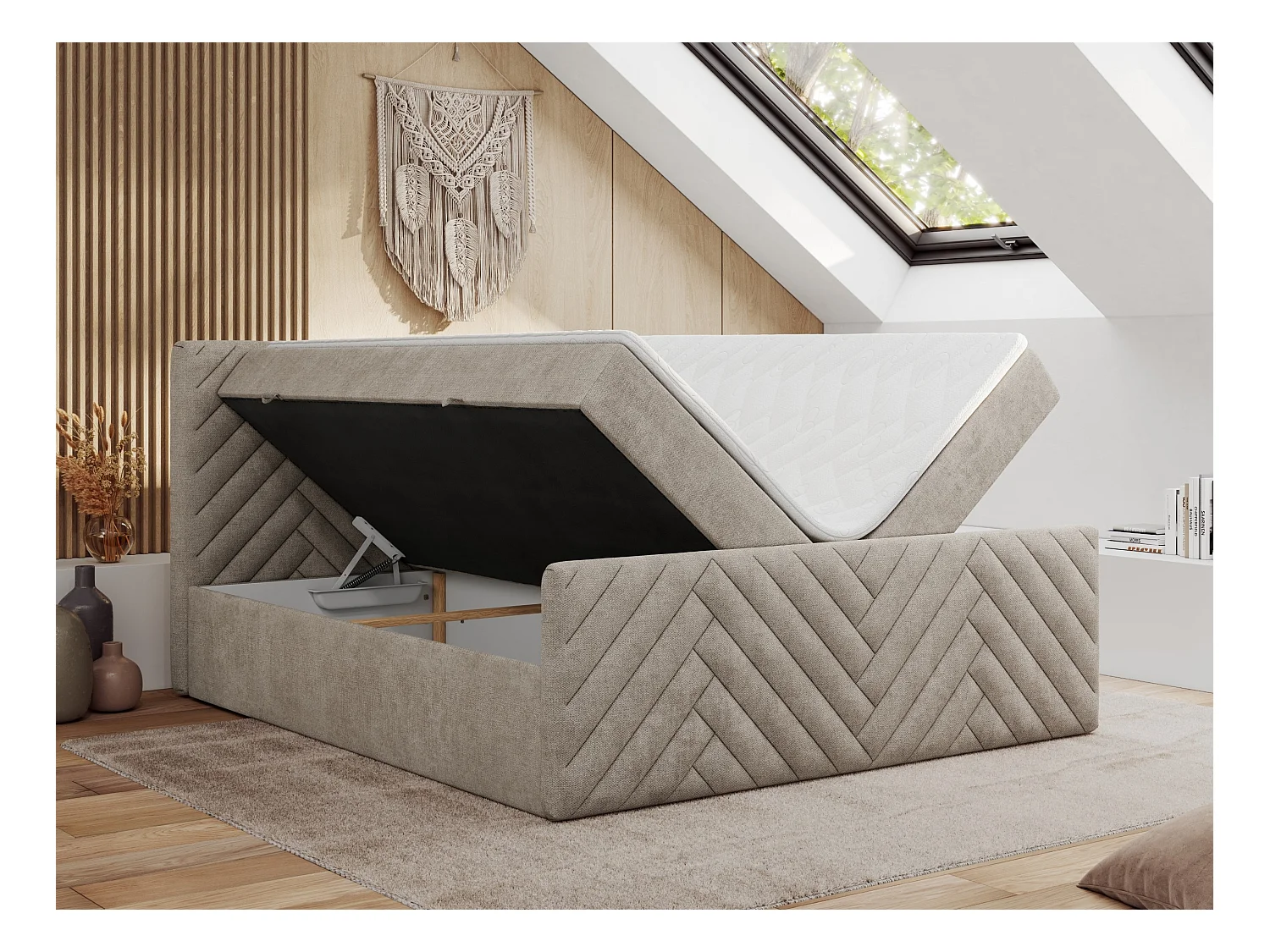 Boxspringbett PARIS DUO - Polsterbett mit genähtem Kopfteil und Frontplatte, Doppelbett, zwei Bettkästen - 120x200 cm - H3 - Beige Strukture